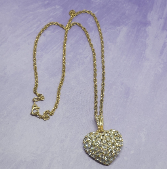 Vintage Monet Necklace GoldTone Puffy Heart Pendant Encrusted Rhinestones - Picture 2 of 7